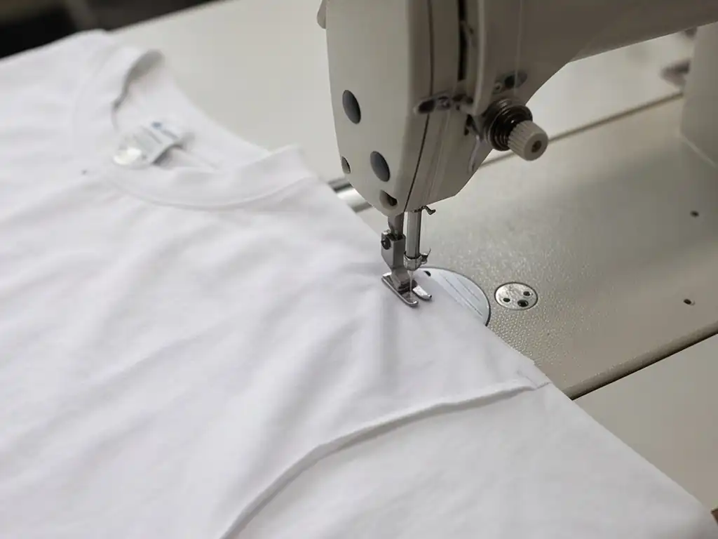Costura de la camiseta en la máquina remalladora del taller